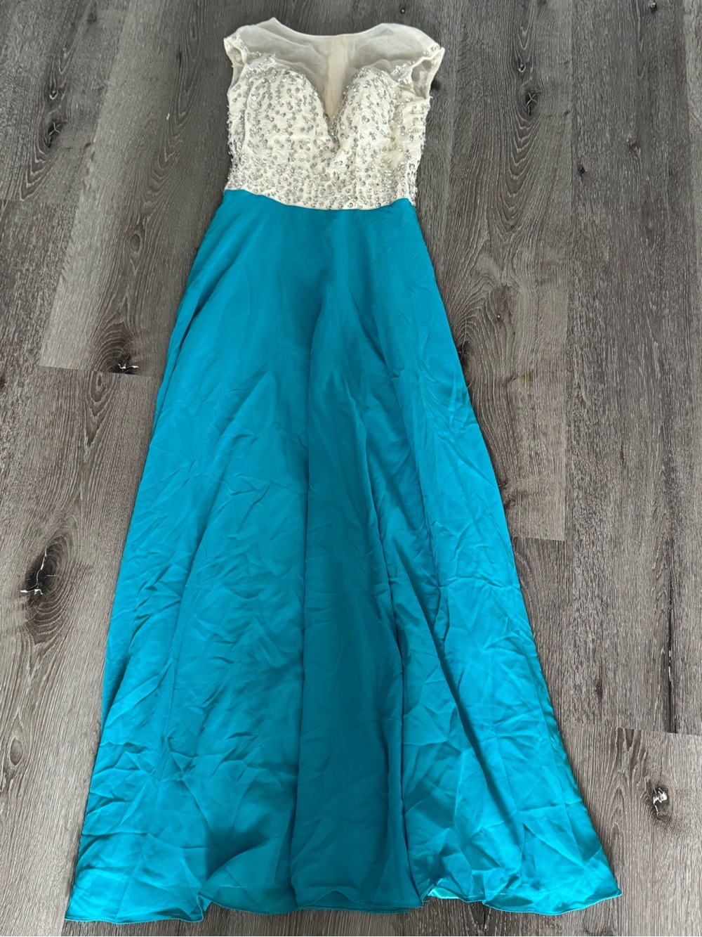 Dylan Queen Beaded Ivory and Teal Evening Gown